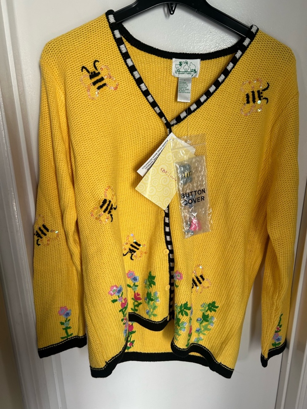 Quacker Factory Yellow Bee & Floral Knit Cardigan with Black Trim